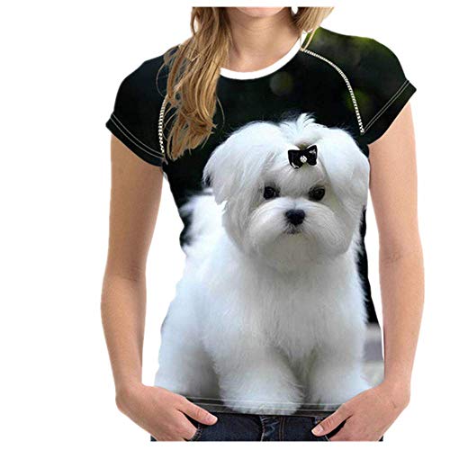 N\P Camiseta de manga corta con estampado de perro maltés para mujer de verano transpirable casual camiseta para niñas - - X-Large