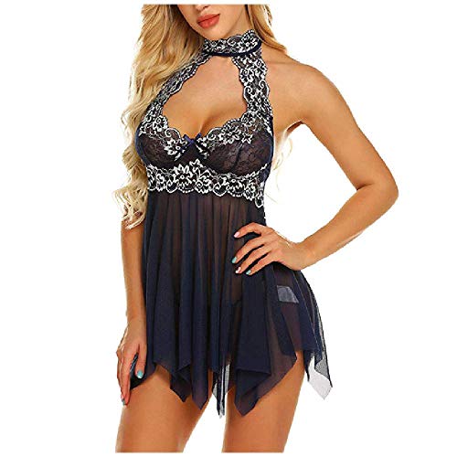 N\P Camisones Sexis de Encaje para Mujer, Ropa de Dormir con Cuello Halter de Gasa Estampada, Mini camisón Transparente para Mujer, Camisones con Dobladillo Irregular