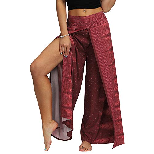 Nuofengkudu Mujer Hippie Largo Pantalones Dividir Pata Ancha Flores Estampados Sueltos Elegantes Comodos Thai Yoga Pants Verano Playa Vacaciones(Vino Tinto,S/M)