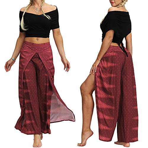 Nuofengkudu Mujer Hippie Largo Pantalones Dividir Pata Ancha Flores Estampados Sueltos Elegantes Comodos Thai Yoga Pants Verano Playa Vacaciones(Vino Tinto,S/M)