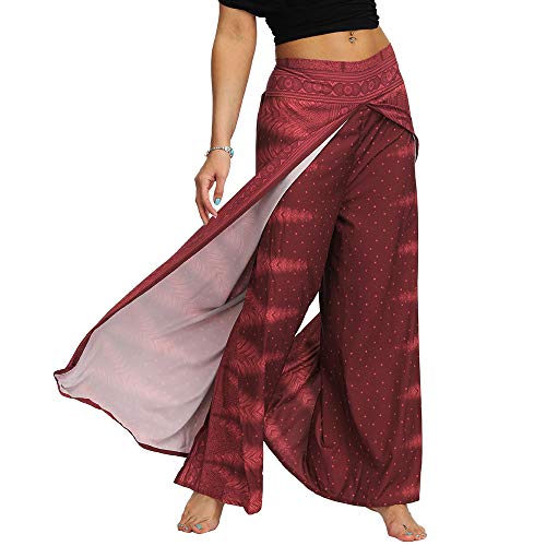 Nuofengkudu Mujer Hippie Largo Pantalones Dividir Pata Ancha Flores Estampados Sueltos Elegantes Comodos Thai Yoga Pants Verano Playa Vacaciones(Vino Tinto,S/M)