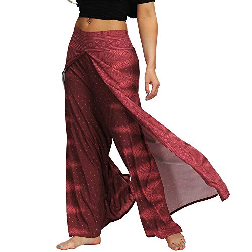 Nuofengkudu Mujer Hippie Largo Pantalones Dividir Pata Ancha Flores Estampados Sueltos Elegantes Comodos Thai Yoga Pants Verano Playa Vacaciones(Vino Tinto,S/M)