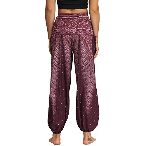 Nuofengkudu Mujer Hippies Pantalones Harem Tailandeses Boho Estampados Bolsillos Cintura Alta Baggy Yoga Pants Verano Playa Fiesta (Marrón B,Talla única)