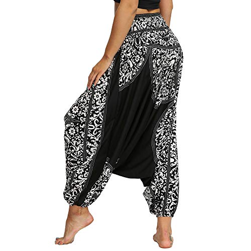 Nuofengkudu Mujer Pantalones Anchos Hippies Estampados Baggy Comodos Cintura Alta Tailandeses Yoga Pants Casual Playa Fiesta Verano (Negro Patrón C,Talla única