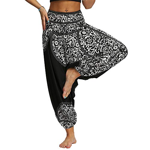 Nuofengkudu Mujer Pantalones Anchos Hippies Estampados Baggy Comodos Cintura Alta Tailandeses Yoga Pants Casual Playa Fiesta Verano (Negro Patrón C,Talla única