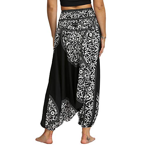 Nuofengkudu Mujer Pantalones Anchos Hippies Estampados Baggy Comodos Cintura Alta Tailandeses Yoga Pants Casual Playa Fiesta Verano (Negro Patrón C,Talla única