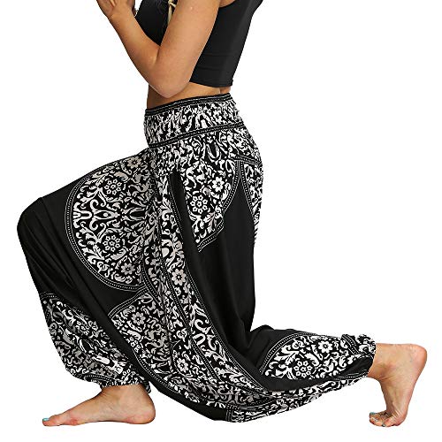 Nuofengkudu Mujer Pantalones Anchos Hippies Estampados Baggy Comodos Cintura Alta Tailandeses Yoga Pants Casual Playa Fiesta Verano (Negro Patrón C,Talla única