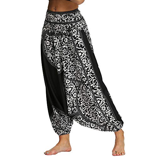 Nuofengkudu Mujer Pantalones Anchos Hippies Estampados Baggy Comodos Cintura Alta Tailandeses Yoga Pants Casual Playa Fiesta Verano (Negro Patrón C,Talla única