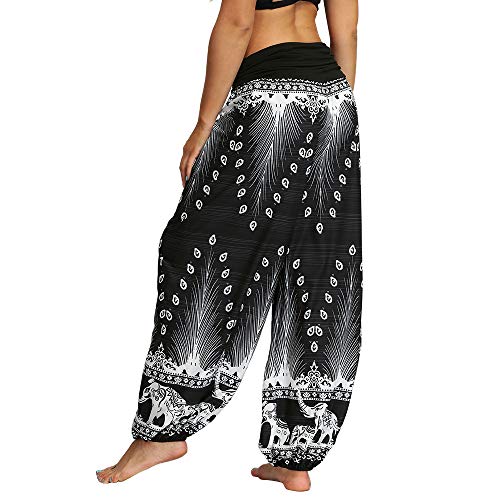 Nuofengkudu Mujeres Hippies Pantalones Largos Cintura Alta Boho Flores Impreso Suelto Yoga Pants Verano Playa Fiesta Tailandeses Harem Pantalón (Negro B,XL)