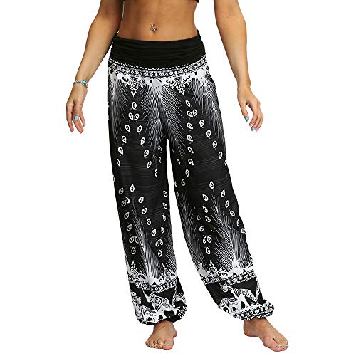Nuofengkudu Mujeres Hippies Pantalones Largos Cintura Alta Boho Flores Impreso Suelto Yoga Pants Verano Playa Fiesta Tailandeses Harem Pantalón (Negro B,XL)