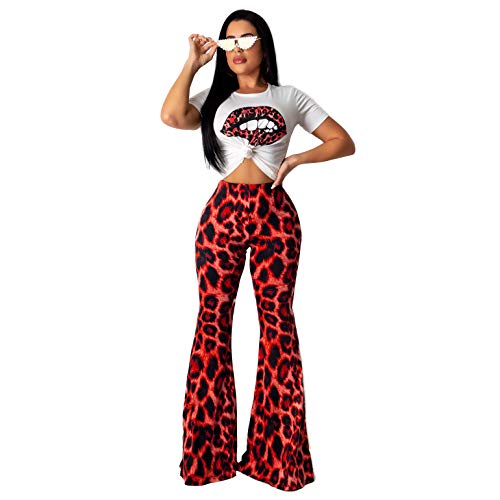 nvIEFE Conjunto de 2 piezas de pantalones largos acampanados con estampado de leopardo para mujer, cuello redondo, manga corta, casual, camisetas de cintura alta