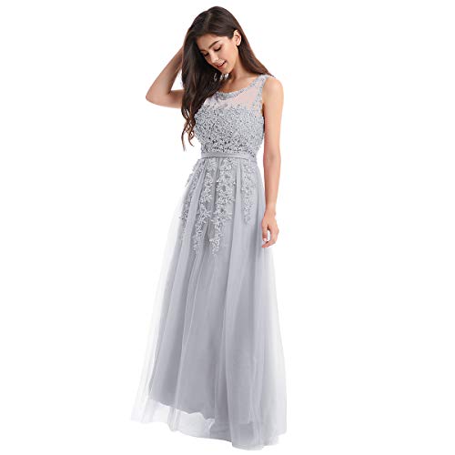 OBEEII Vestido de Fiesta Mujer Sin Mangas con Apliques Encaje Vestido Largo de Verano Elegante Ropa de Dama para Noche Ceremonia Boda Novia Gala Prom Gris EU 38