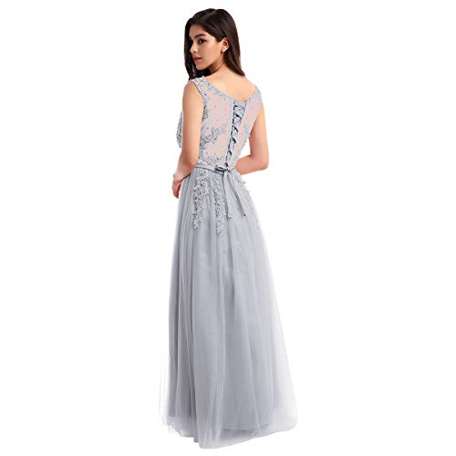 OBEEII Vestido de Fiesta Mujer Sin Mangas con Apliques Encaje Vestido Largo de Verano Elegante Ropa de Dama para Noche Ceremonia Boda Novia Gala Prom Gris EU 38