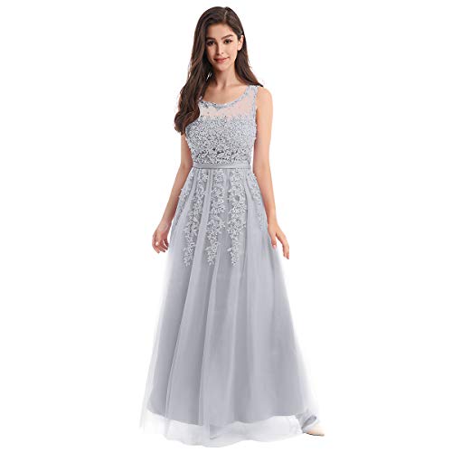 OBEEII Vestido de Fiesta Mujer Sin Mangas con Apliques Encaje Vestido Largo de Verano Elegante Ropa de Dama para Noche Ceremonia Boda Novia Gala Prom Gris EU 38