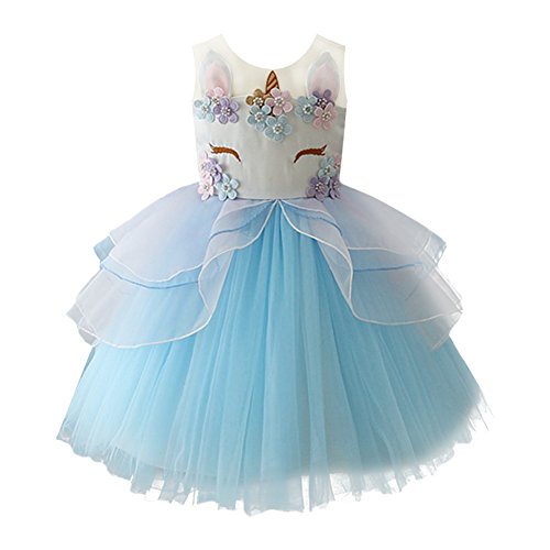 OBEEII Vestido de Tutu Princesa Unicornio Arco Iris Fiesta de cumpleaños Disfraz Bautizo para Niña Vestido Infantil Ceremonia Fiesta Bebe Niña Ropa Verano Pequeño Caballo Faldas Azul 2-3 Años