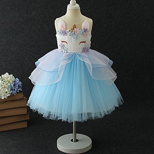 OBEEII Vestido de Tutu Princesa Unicornio Arco Iris Fiesta de cumpleaños Disfraz Bautizo para Niña Vestido Infantil Ceremonia Fiesta Bebe Niña Ropa Verano Pequeño Caballo Faldas Azul 2-3 Años