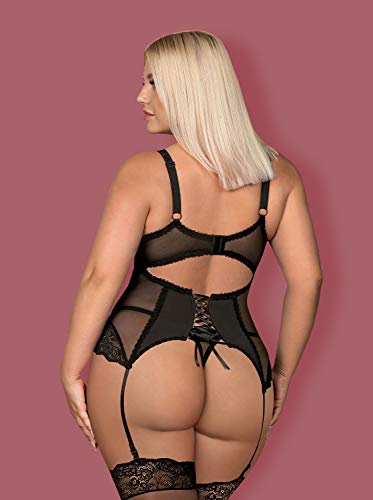 Obsessive Corsé Sensual con Flores Y Tanga Íntimo para Mujeres Amallie Corset, Negro,S-M