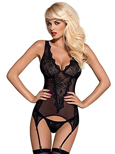 Obsessive - Juego de ropa interior para mujer (corsé elegante con ligueros y tanga), en atractiva caja de regalo negro Small