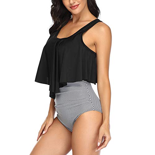 Occffy Conjuntos de Bikini para Mujer Traje de Baño en Dos Piezas Volantes Top Parte Inferior de Cintura Alta Tankini Conjunto de Bañador Mujer CH55 (Negro/Raya, M)