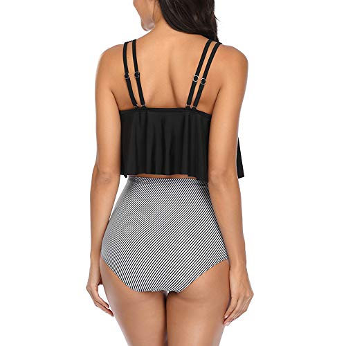 Occffy Conjuntos de Bikini para Mujer Traje de Baño en Dos Piezas Volantes Top Parte Inferior de Cintura Alta Tankini Conjunto de Bañador Mujer CH55 (Negro/Raya, M)