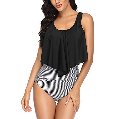 Occffy Conjuntos de Bikini para Mujer Traje de Baño en Dos Piezas Volantes Top Parte Inferior de Cintura Alta Tankini Conjunto de Bañador Mujer CH55 (Negro/Raya, M)