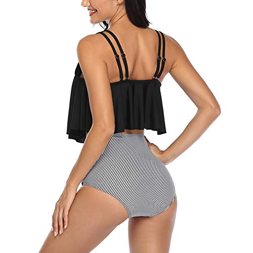 Occffy Conjuntos de Bikini para Mujer Traje de Baño en Dos Piezas Volantes Top Parte Inferior de Cintura Alta Tankini Conjunto de Bañador Mujer CH55 (Negro/Raya, M)