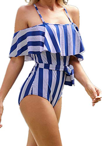 Ocean Plus Mujer Bañador Traje de Baño de Una Pieza con Tiras y Volantes Fuera del Hombro Arco Ropa de Playa (EU 36-38 (M), Azul)