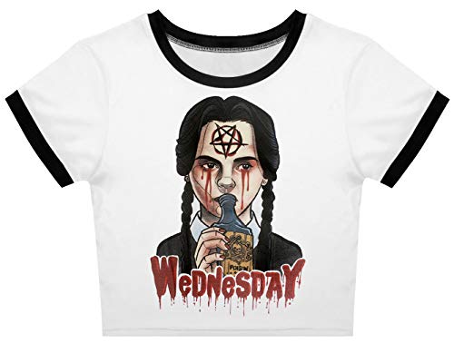 Ocean Plus Mujer Camiseta Corta Verano Señoras Camiseta Manga Corta Chicas Muñeca de Terror Cuello Redondo Halloween Cráneo Impresión Digital Tops (M/165-170, Miércoles niña de Veneno)