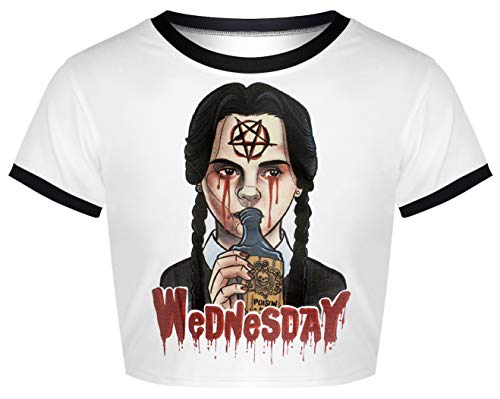 Ocean Plus Mujer Camiseta Corta Verano Señoras Camiseta Manga Corta Chicas Muñeca de Terror Cuello Redondo Halloween Cráneo Impresión Digital Tops (M/165-170, Miércoles niña de Veneno)