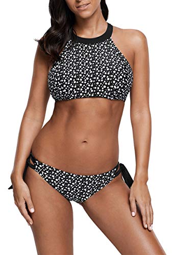 Ocean Plus Mujer Cordón Cuello Alto Bikini Malla Conjunto Camiseta sin Mangas Ropa de Playa Dos Piezas Tankini (XL (EU 38-40), Pajarita Puntos)