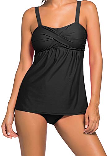 Ocean Plus Mujer Elegante Monocromo Color Sólido Tankini Traje de Baño Acolchada Dos Piezas Sin Aros Bañador con Tirantes Ajustables (S (EU 34-36), Negro)