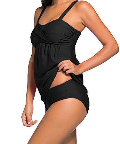 Ocean Plus Mujer Elegante Monocromo Color Sólido Tankini Traje de Baño Acolchada Dos Piezas Sin Aros Bañador con Tirantes Ajustables (S (EU 34-36), Negro)