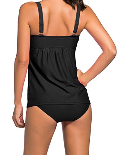 Ocean Plus Mujer Elegante Monocromo Color Sólido Tankini Traje de Baño Acolchada Dos Piezas Sin Aros Bañador con Tirantes Ajustables (S (EU 34-36), Negro)