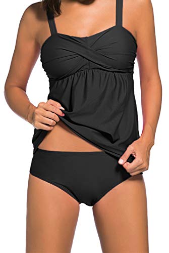 Ocean Plus Mujer Elegante Monocromo Color Sólido Tankini Traje de Baño Acolchada Dos Piezas Sin Aros Bañador con Tirantes Ajustables (S (EU 34-36), Negro)