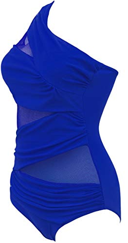 Ocean Plus Mujer Malla Color Sólido Asimetría Figura Que Forma Traje de Baño Mesh Cuello Alto Una Pieza Talla Extra Trajes de Una Pieza (XL (EU 40-42), Asimetría Azul Zafiro)