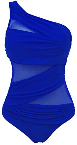 Ocean Plus Mujer Malla Color Sólido Asimetría Figura Que Forma Traje de Baño Mesh Cuello Alto Una Pieza Talla Extra Trajes de Una Pieza (XL (EU 40-42), Asimetría Azul Zafiro)