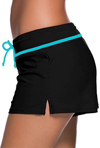 Ocean Plus Mujer Pantalones Cortos de Natación con Cordón Ajustable Deportes Acuáticos Protección UV Bikini Bañador Color Llano Hotpants (3XL (EU 44-46), Negro Azul)