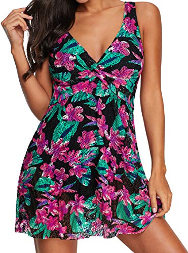 Ocean Plus Mujer Verano Elegante Bañador de Encaje Colorido con Espalda Descubierta y Escote en V con Braguita Trajes de Una Pieza con Falda de Baño Ropa de Playa (EU 42-44 (L), Flores moradas)