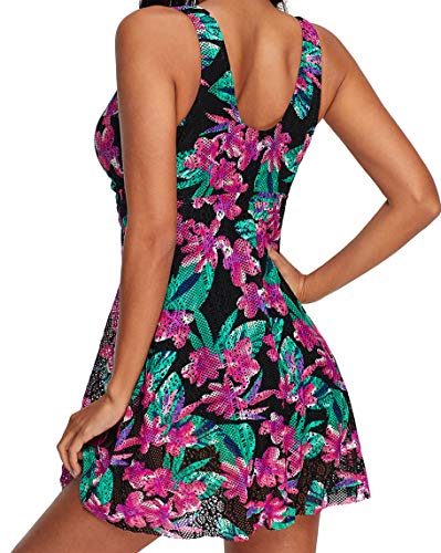 Ocean Plus Mujer Verano Elegante Bañador de Encaje Colorido con Espalda Descubierta y Escote en V con Braguita Trajes de Una Pieza con Falda de Baño Ropa de Playa (EU 42-44 (L), Flores moradas)