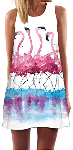 Ocean Plus Mujer Verano Flamenco Camisola Vestido De Playa Top Sin Mangas Trapecio O Corte En A Vestido Oeste (L (EU 38-40), Cuatro flamencos Rosados)