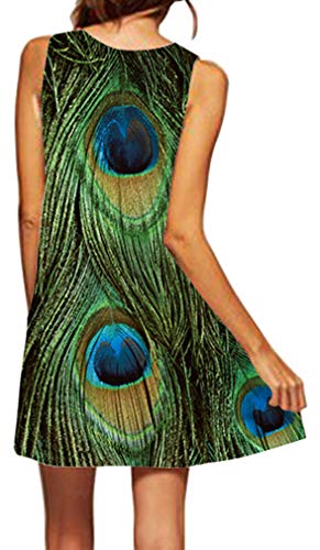 Ocean Plus Mujer Verano Tops Camisola sin Mangas Colorido Ropa Pavo Real Flores Vestidos de Playa Búho Corto A Line Vestido Cover Up (M (EU 36-38), Pluma Verde de Pavo Real)