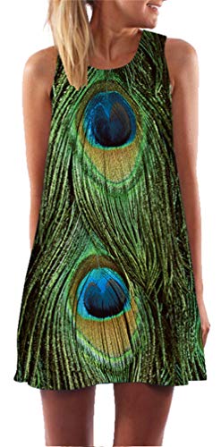 Ocean Plus Mujer Verano Tops Camisola sin Mangas Colorido Ropa Pavo Real Flores Vestidos de Playa Búho Corto A Line Vestido Cover Up (M (EU 36-38), Pluma Verde de Pavo Real)