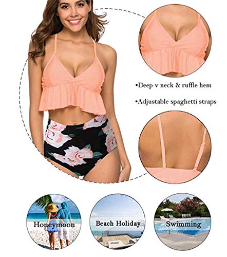 ohyeahlady Bañador con Volantes Relleno Talle Alto Bikini Conjunto de Dos Piezas Push Up Tirantes Ajustables