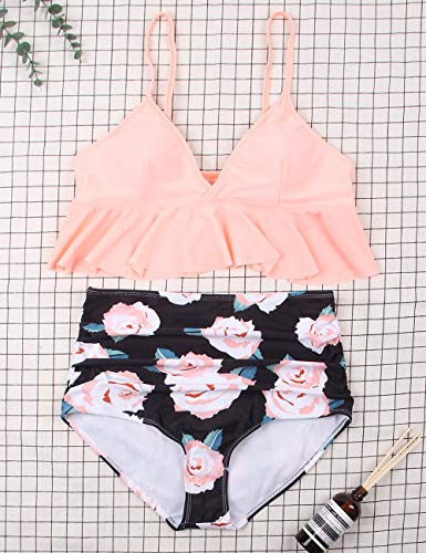 ohyeahlady Bañador con Volantes Relleno Talle Alto Bikini Conjunto de Dos Piezas Push Up Tirantes Ajustables
