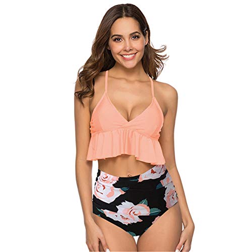 ohyeahlady Bañador con Volantes Relleno Talle Alto Bikini Conjunto de Dos Piezas Push Up Tirantes Ajustables
