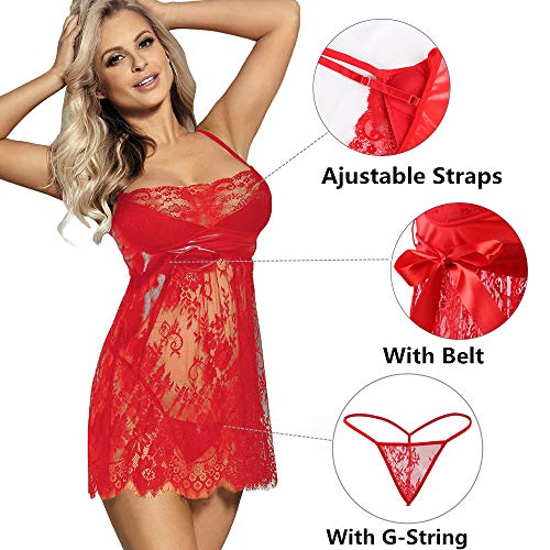 ohyeahlady Camisón Mujer Sexy de Talla Grande Encaje Pijama Babydoll Transparente Conjunto de Lencería Encaje (Rojo, 5XL-6XL)
