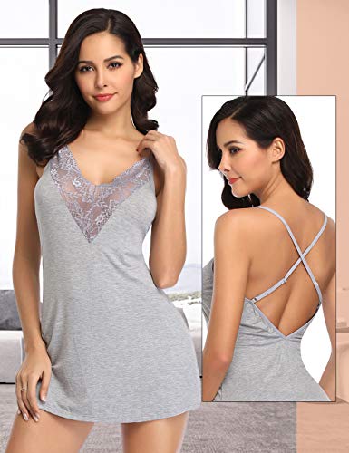 ohyeahlady Camisón para Mujer Sexy Algodón Dormir Verano, con Encaje Cuello en V sin Mangas, Ropa de Dormir Babydoll Picardias Sexy Tallas Grandes