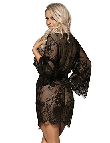 ohyeahlady Mujer Bata Sexy Kimono Encaje Ropa de Dormir Transparente Talla Grande con Cinturón y Tanga(Negro, 3XL-4XL)