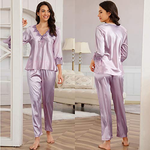 ohyeahlady Mujer Conjunto de Pijama Satén Cómodo y Elegante 2 Piezas Invierno Pijama Seda Super Suave Bordado Regalo para Ella(Estilo 1:Violado, L-XL)