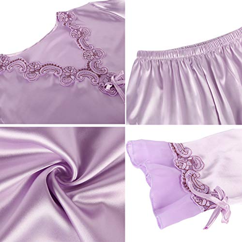 ohyeahlady Mujer Conjunto de Pijama Satén Cómodo y Elegante 2 Piezas Invierno Pijama Seda Super Suave Bordado Regalo para Ella(Estilo 1:Violado, L-XL)